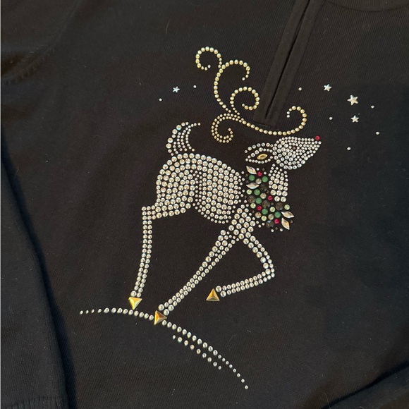 Christine Alexander Sm Black Rhinestone Reindeer Sweater Quarter Zip Mock Neck - Picture 2 of 4
